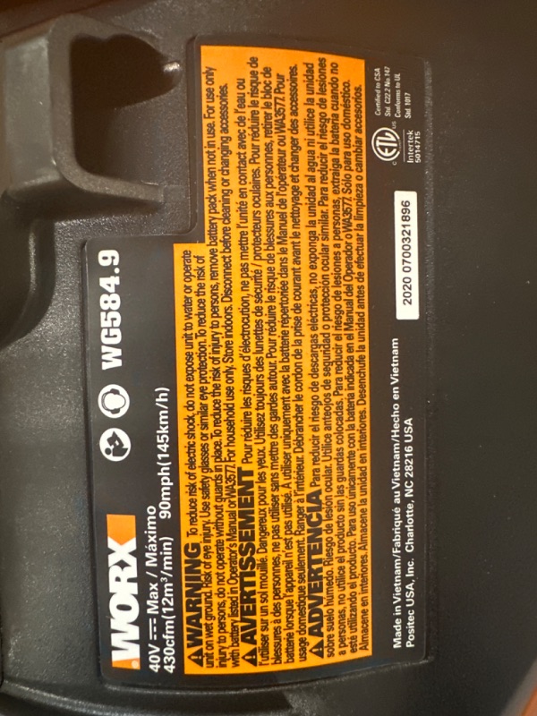 Photo 4 of WORX 40V Turbine Cordless Leaf Blower Power Share with Brushless Motor (Tool Only) - WG584.9 and WA0014 Spool & Line for WG168, WG190 & WG191 Cordless String Trimmers Leaf Blower + Edger Line