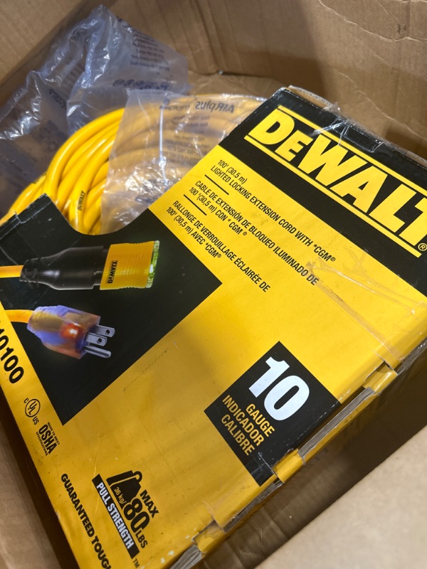 Photo 3 of DEWALT 100 Foot Extension CordLighted Click-to-Lock 10/3 SJTW -Heavy Duty Outdoor, Waterproof, Weatherproof, Heat & Corrosion Resistant Industrial Strength Light Up Three Prong Outlet Plug Power Cord 100 ft