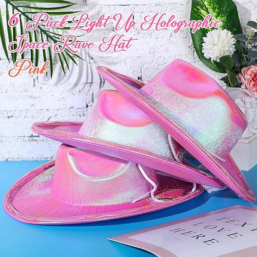 Photo 1 of Geyoga 6 Pcs Light Up Holographic Pink Cowboy Hat Women Metallic Space Rave Hat Shiny Cowboy Hats Western Party Accessories (LED Stylish Style)