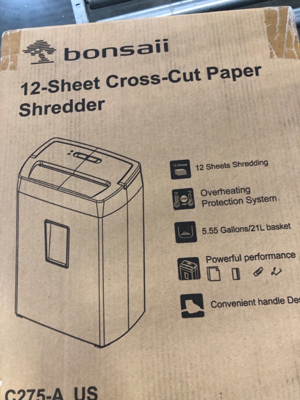 Photo 2 of Bonsaii 12-Sheet Cross Cut Paper Shredder, 10-Minute 5.5 Gal Home Office Heavy Duty Shredder for Paper, Credit Card, Mails, Staples, with Transparent Window, High Security Level P-4 (C275-A) 1 0 Mins-5.5Gal