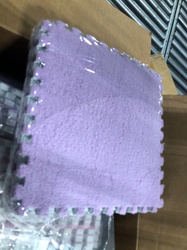 Photo 1 of 36 Pcs Plush Foam Floor Mat Square Interlocking Carpet Tiles with Border Fluffy Play Mat Floor Tiles Soft Climbing Area Rugs for Home Playroom Decor, 12 x 12 x 0.4 Inch (White, Pink and Purple)