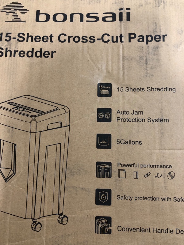 Photo 2 of Bonsaii 15-Sheet Office Paper Shredder, 40 Mins Heavy Duty Shredder for Home Office, Crosscut Shreder with Anti-Jam System & P-4 High Security Supports CD/Credit Cards/Staple,5 Gal Pullout Bin C169-B 1 5 Sheet-40 mins