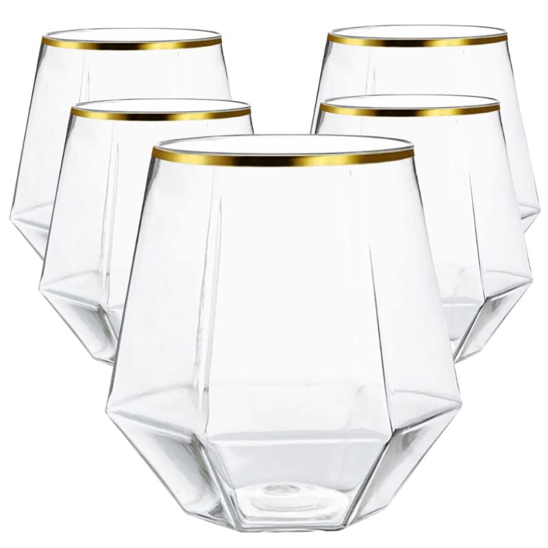 Photo 1 of 18 count Diamond Unbreakable Stemless Plastic Wine Champagne Glasses Disposable Shatterproof BPA-Free Wine Glasses Indoor Outdoor Ideal for Home Office Bars, Wedding 12 Ounce Cups Gold Rim (18)