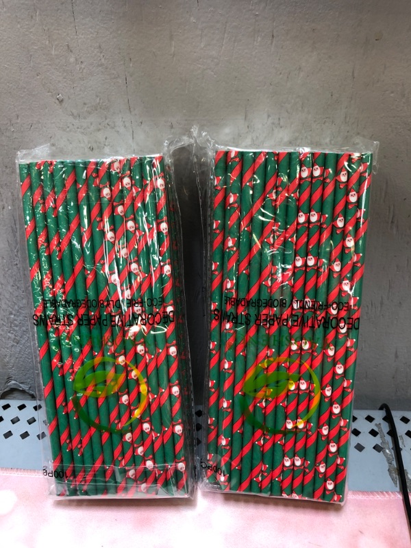 Photo 2 of 200 PCS YAOSHENG Christmas Paper Straws for drinking, Biodegradable red green straws for Party Supplies,Holiday,Easter,Cake pop sticks,Thanksgiving Christmas Holiday Gift Santa Claus and Fawn  2 PACKS 