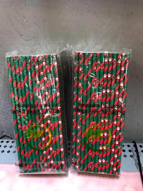 Photo 2 of 200   PCS YAOSHENG Christmas Paper Straws for drinking, Biodegradable red green straws for Party Supplies,Holiday,Easter,Cake pop sticks,Thanksgiving Christmas Holiday Gift Santa Claus and Fawn  2 PACKS 