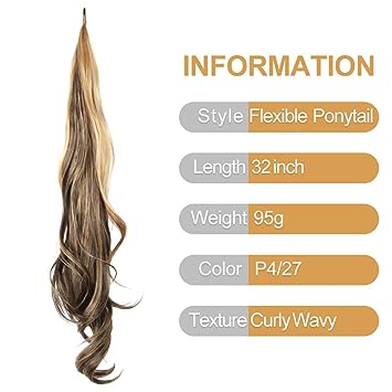 Photo 3 of 32 Inch Flexible Wrap Around Ponytail Extension Long Ponytail Hair Extensions Curly Dark Blonde Synthetic Ponytails Hairpiece for Women 2 Packs,P4/27(Mix Brown/Honey blonde)