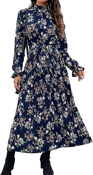 Photo 1 of HAOKEKE Women's Floral Print Dress Long Sleeves Fungus Flare Round Neck A-line Dress size  XL 