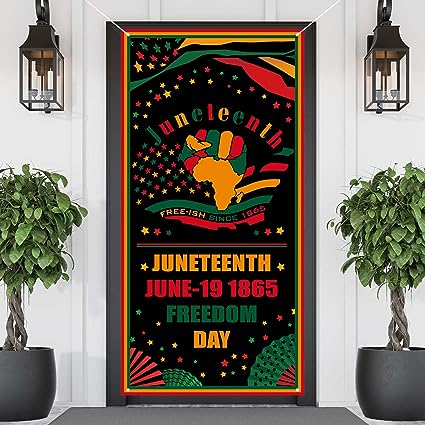 Photo 1 of FARMNALL Happy Juneteenth Door Cover African American Decoration Party Photography Door Banner Farmhouse Holiday Decor Pattern Black Red Yellow Supplies for Home Office