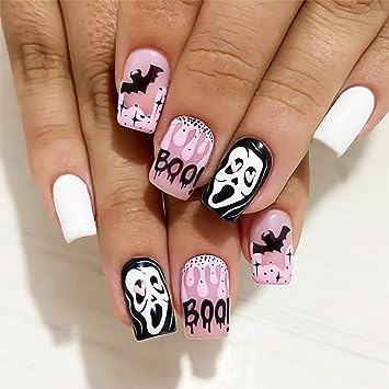 Photo 1 of 24PCS Halloween Press on Nails Short Square Pink & Black Ghost Face Bats Design Glue on Fake Nails Full Cover Glossy Acrylic False Nails Stick on Nails for Women Girls Nail DIY Halloween Decoration