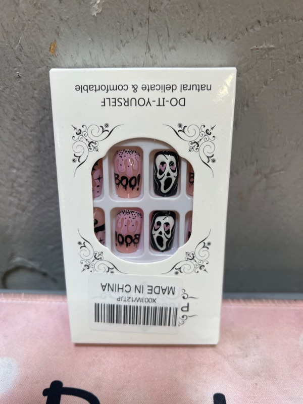 Photo 2 of 24PCS Halloween Press on Nails Short Square Pink & Black Ghost Face Bats Design Glue on Fake Nails Full Cover Glossy Acrylic False Nails Stick on Nails for Women Girls Nail DIY Halloween Decoration