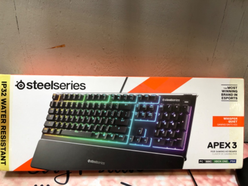 Photo 2 of SteelSeries Apex 3 RGB Gaming Keyboard – 10-Zone RGB Illumination – IP32 Water Resistant – Premium Magnetic Wrist Rest (Whisper Quiet Gaming Switch)