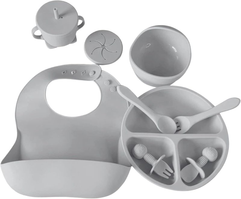 Photo 1 of Baby Silicone Feeding Set, First Stage Toddler Utensils - 8 in 1 - With Bib, Sippy Cup, Suction Bowl, Baby Fork and Spoon sets, Divided Plate With Suction - Baby Led Weaning Supplies (GRAY), BVFS81
