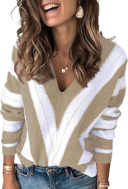 Photo 1 of Asvivid Women's 2023 Spring Long Sleeve V Neck Color Block Striped Pullover Sweater Tops SIZE S
