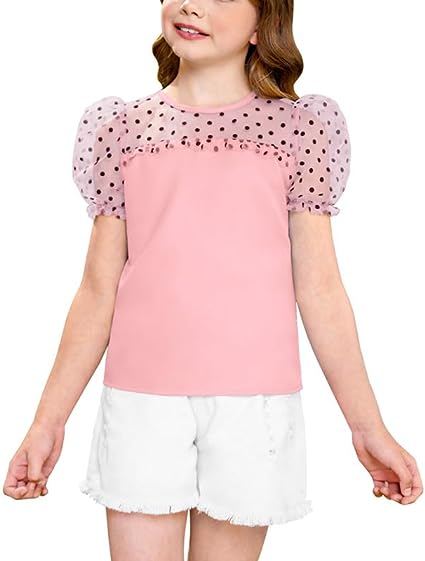 Photo 1 of IIMMER Girls Summer Mesh Puff Sleeve Polka Dots Trendy Shirt 11-12 Years
