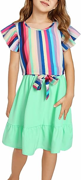 Photo 1 of blibean Girl Summer Clothes Set Color Striped Tops Solid Skirts Suit 7-8 Years Old
