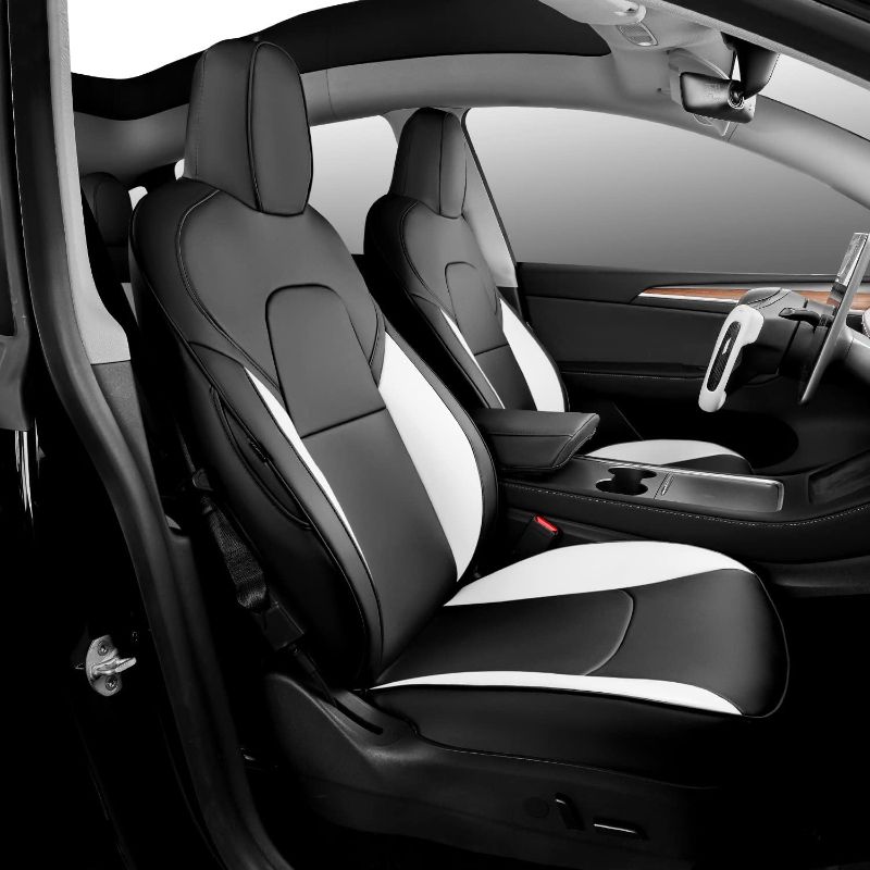 Photo 1 of Maysoo Tesla Seat Covers Model Y Nappa Leather Car Seat Covers,for Tesla Model Y 2023 2022 2021 2020 5 Seat Car Seat Cover Interior Cover All Weather Protection(White+Black-Nappa,Model Y(Full Set))
