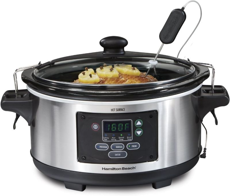 Photo 1 of Hamilton Beach Portable 6 Quart Set & Forget Digital Programmable Slow Cooker with Lid Lock, Dishwasher Safe Crock & Lid, Temperature Probe, Stainless Steel
