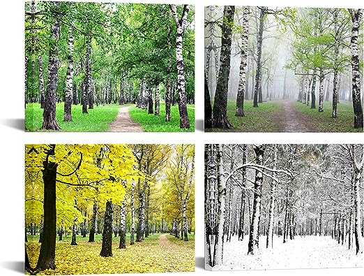 Photo 1 of 4 Seasons of Row Birch Trees Canvas Print Artwork Wall Art Summer Fall Winter and Spring Painting Pictures Home Office Wall Décor Modern Poster with Frame Ready to Hang 12x16inchx4pcs (Small)
