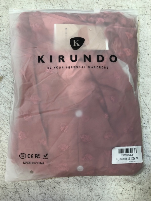 Photo 2 of KIRUNDO 2023 Fall Women's Long Sleeve Chiffon Blouses V-Neck Swiss Dots Ruffle Peplum Tops Shirts Deco with Buttons Rose Red X-Large