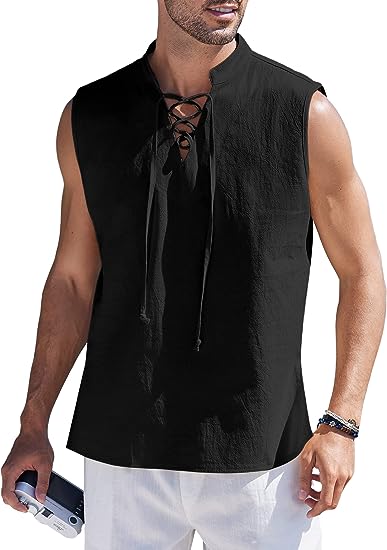 Photo 1 of COOFANDY Mens Cotton Linen Tank Tops Beach Casual Sleeveless Henley Tank Shirts Black SIZE 2XL
