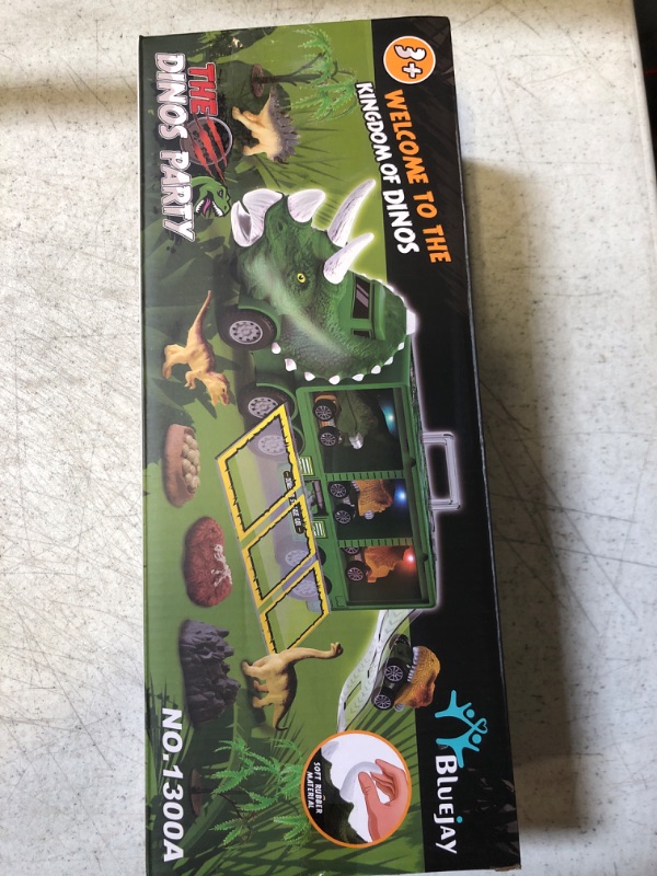 Photo 2 of BLUEJAY 21 Pack Dinosaur Toys for Kids 3-7, Dinosaur Truck with Oversized Dinosaur Map, Flashing Lights, Music and Roaring Sound, Kids Toys with 6 Pull Back Dinosaur Cars, 6 Dinosaur Toys (Green)