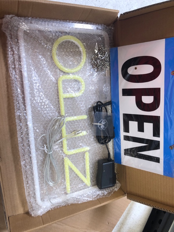 Photo 1 of LED Open Sign for Business, FOOPPLY LED Neon Signs for Shop Windows and Doors of Shop, Bar, Restaurant, LED Letters with Open/Closed Sign and Business Hours Signs (Warm Vertical Open)