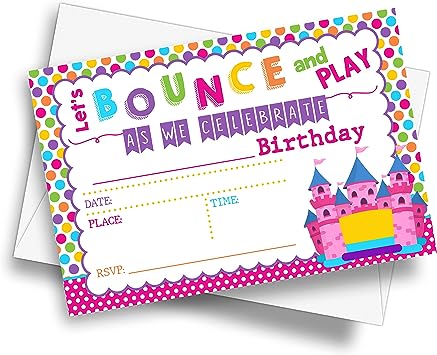 Photo 1 of 4" x 6" Bounce House Theme Birthday Party Invitation Cards With Envelopes - Let's Bounce and Play - Girl Jump Bounce Castle Party Invitation - 20 Sets - E28