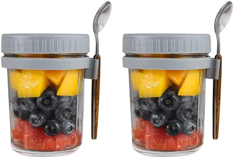 Photo 1 of 2 Pack Grey 10 oz Large Capacity Mason Jars With Lid, Portable Overnight Oatmeal Jars Water Cup with spoon, Glass Breakfast Cup Salad Yogurt Jars Container

