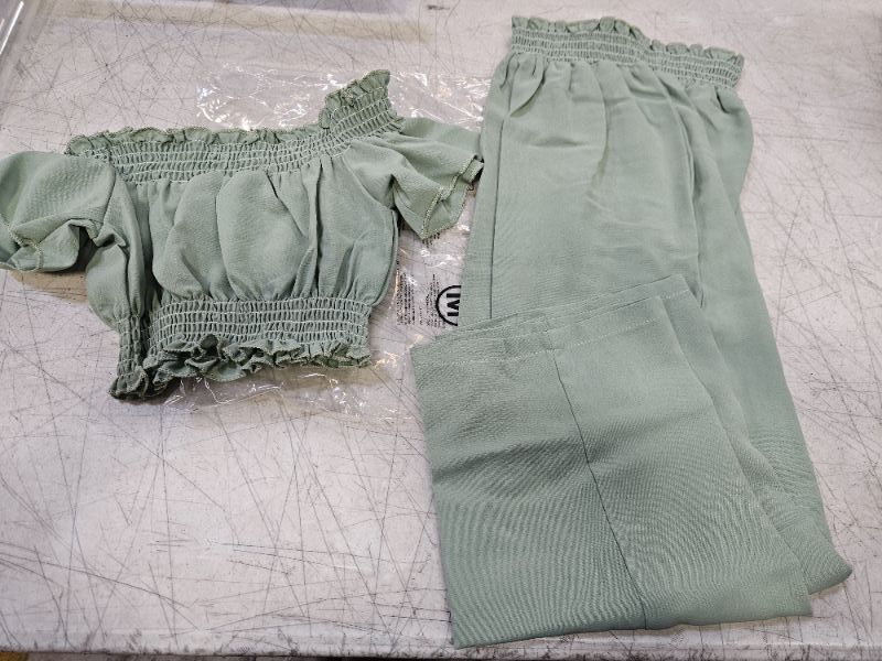 Photo 2 of blibean Girl Summer Clothes Set Ruffle Short Sleeve Top Pant 6-15 Years Old (GREEN - XXL)
