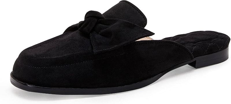 Photo 1 of Coutgo Women's Flat Mules Bow Knot Square Closed Toe Quilted Faux Suede Slip On Backless Flats Shoes (BLACK - SIZE 5 1/2)
