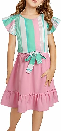 Photo 1 of blibean Girl Summer Clothes Set Color Striped Tops Solid Skirts Suit 6-11 Years Old (A PINK - 3XL)