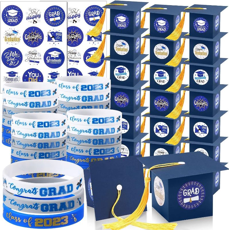 Photo 1 of 150 Pcs 2023 Graduation Party Favors 72 Pcs Gift Candy Boxes Graduation Wristbands with Stickers Grad Cap Box Class of 2023 Silicone Bracelets for Graduation Party Supplies (Blue)
