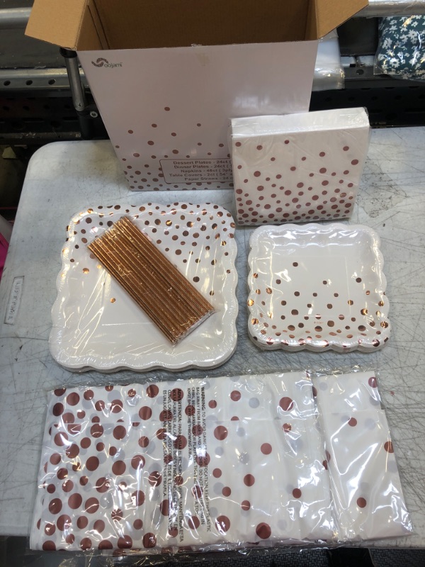 Photo 1 of  Confetti Disposable Dinnerware Set with Scalloped Paper Plates, Napkins, Rose Gold Party Supplies and Bridal Shower 