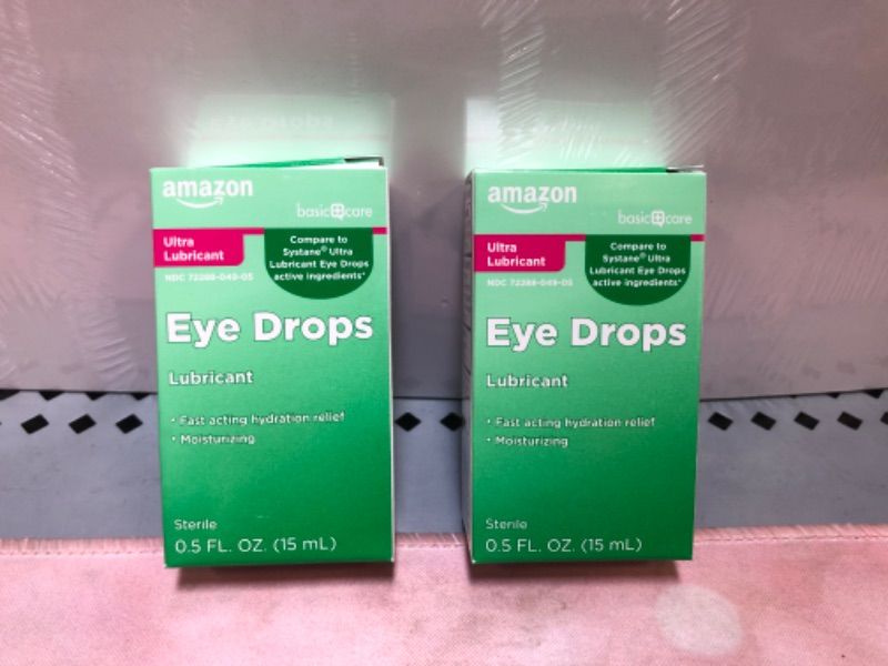Photo 2 of [LOT OF 2] Amazon Basic Care Ultra Lubricant Eye Drops, Relieves Burning, Irritation And Discomfort, Clear, 0.5 Fl Oz [EXP: 12/2023]
