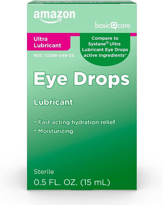 Photo 1 of [LOT OF 2] Amazon Basic Care Ultra Lubricant Eye Drops, Relieves Burning, Irritation And Discomfort, Clear, 0.5 Fl Oz [EXP: 12/2023]