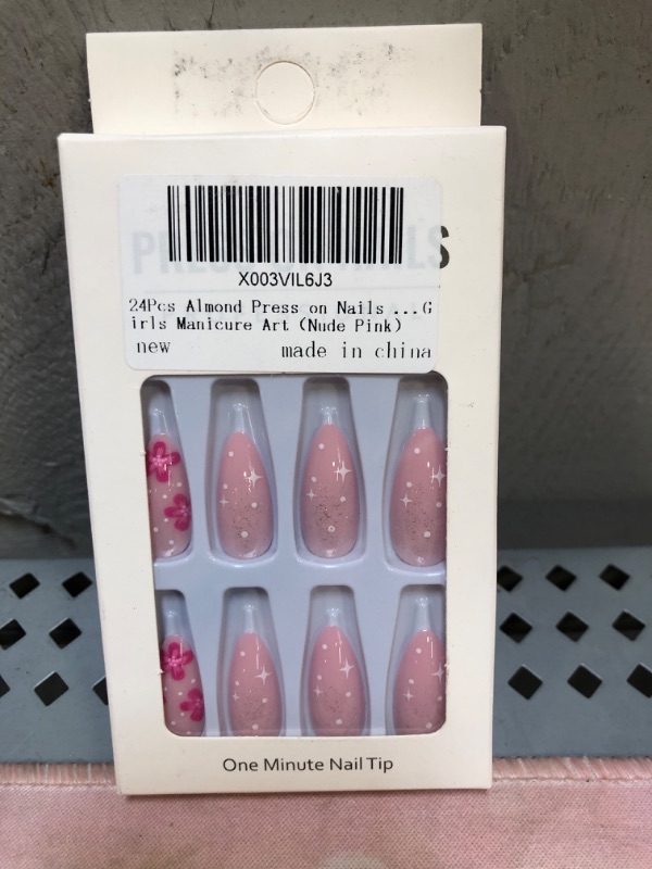 Photo 1 of 24Pcs Almond Press on Nails Medium Fake Nails Flower False Nails Artificial Acrylic Full Cover Glue on Nails Glitter Stick on Nails for Women Girls Manicure Art?Nude Pink? A2