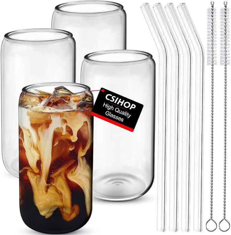Photo 1 of 4Pcs Set Drinking Glasses with 8 Glass Straws and 4 Brushes, 16oz Can Shaped Glass Cup, Clear Iced Coffee Cup, Beer Glasses, Cocktail Glasses, Cute Tumbler Cup, Ideal for Whiskey, Soda, Tea, Gift