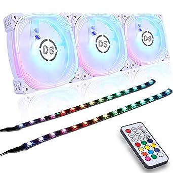 Photo 1 of DS 120MM White PC Case Fans, RGB LED Fan with Controller for Computer Case, CPU Cooling, Radiators System(3Pack RGB Fans and 2Pack LED Strip with Magnet Design Kit, G Series)