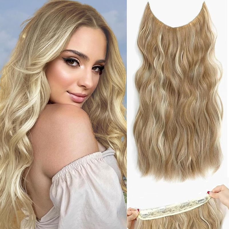 Photo 1 of 
Clip in Halo Hair Extensions: Invisible Wire Hair Extension with Adjustable Size Transparent Headband 4 Secure Clips 20 Inch Long Curly Wavy Light Brown Mix...