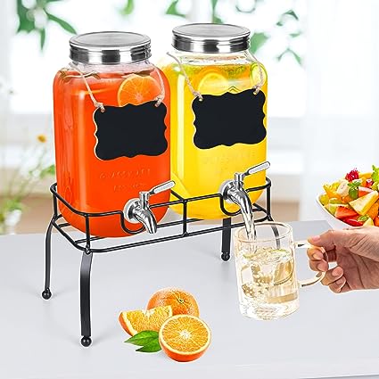 Photo 1 of Drink Dispenser with Stand- Set of 2, 1 Gallon Glass Beverage Dispenser with Stainless Steel Spigot & Lid plus Ice Cylinder and Fruit Infuser, Drink Dispensers for Parties, Laundry Detergent Dispenser