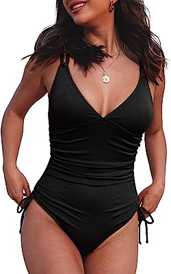 Photo 1 of Aleumdr Women's V Neck One Piece Tummy Control Swimsuit Cheeky Tie Side High Cut Bathing Suit Ribbed  size med 