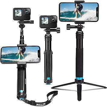 Photo 1 of TELESIN Selfie Stick with Tripod Phone Holder, Waterproof Selfie Pole Aluminum Extendable Monopod for GoPro Max Hero 11/10/9/8/7/6/5, Insta 360 One R, One X2, DJI Osmo Action 2(35 inch with Tripo