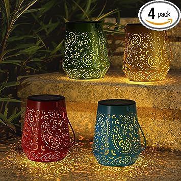 Photo 1 of 4 Pack Solar Lanterns Outdoor Garden Decor - OxyLED Solar Lights Decorative Lantern Waterproof 4 Colors LED Hanging Solar Powered with Handle for Outside Table Patio Yard Porch Fence Pathway Christmas