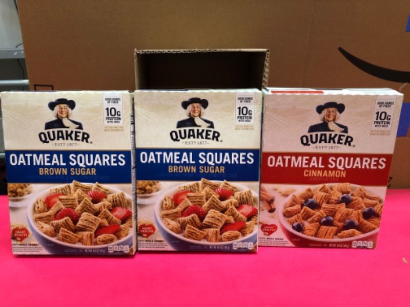 Photo 1 of   exp 01-2024-----------------Quaker Oatmeal Squares, Crunchy Oatmeal Cereal with a Hint of Brown Sugar,( 3 pack) crunchy oatmeal 1.31 Pound (Pack of 3)