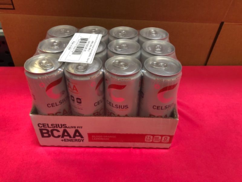 Photo 2 of   exp 03-2023   -+------CELSIUS BCAA +Energy Sparkling Post-Workout Recovery & Hydration Drink, Slim Can, Blood Orange Lemonade, 12 Fl Oz (Pack of 12) Sparkling Blood Orange Lemonade 12 Fl Oz (Pack of 12)