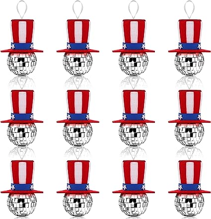 Photo 1 of 12 Pieces 4th of July Hanging Ornaments Mirror Ball with Mini Independence Day Hat Tiny Disco Ball Ornaments for Tree Bright Reflective Mirror Memorial Day Balls for Party Home Bar Hanging Disco Decor