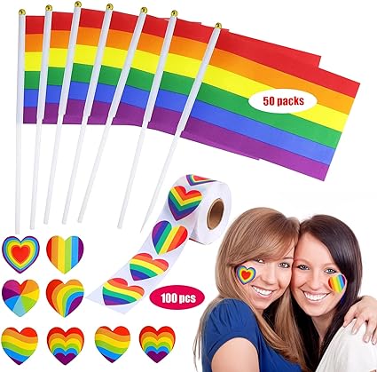 Photo 1 of 50 Pack LGBTQ Handheld Pride Flag and 500Pcs LGBTQ Pride Stickers, Gay Mini Handheld Rainbow Pride Flags, Gay Pride Rainbow Heart Stickers Bulk, Gifts for Lesbians Gay Pride Month Parade or Party