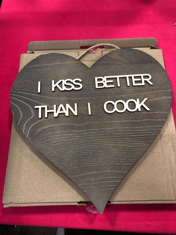 Photo 1 of  Wood Heart Sign Funny I KISS Better Than I Cook Hanging Friendship Gift Kitchen Novelty Plaque