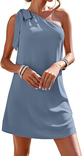 Photo 1 of   SIZE MED   Guteidee Women's One Shoulder Dress Casual Tie Bow Knot Sleeveless Mini Dress Wedding Guest Dress Cocktail Party Dresses