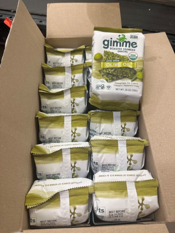 Photo 2 of 12Pack  gimMe - Extra Virgin Olive Oil - 12 Count Sharing Size - Organic Roasted Seaweed Sheets - Keto, Vegan, Gluten Free - Great Source of Iodine & Omega 3’s - Healthy On-The-Go Snack for Kids & Adults #6 Extra Virgin Olive Oil--Exp date 08-2023